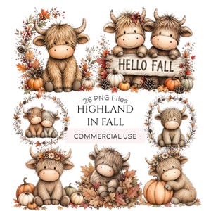 May include: A digital collection of 26 PNG files featuring illustrations of fluffy Highland cows in autumn settings with pumpkins, fall leaves, pinecones, and floral wreaths. The text reads "26 PNG FILES HIGHLAND IN FALL COMMERCIAL USE".