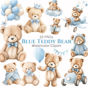 Könnte beinhalten: Aquarell-Clipart-Set mit verschiedenen Teddybären in Braun- und Blautönen. Die Bären sind mit Accessoires wie Kronen, Fliegen, Luftballons und einem Spielzeugflugzeug dargestellt. Der Text lautet "Blue Teddy Bear Watercolor Clipart".