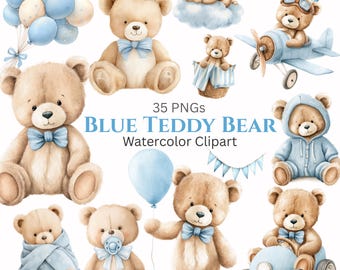 Clipart aquarel teddybeer: blauwe babyknuffels png-set (digitale download 35 png-bestanden)