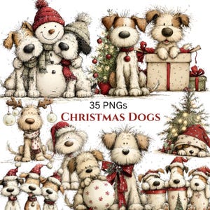 May include: A collection of whimsical illustrations featuring dogs in festive Christmas attire. The dogs are depicted with Santa hats, scarves, and holding ornaments. The text "35 PNGS CHRISTMAS DOGS" is displayed in the center of the image.