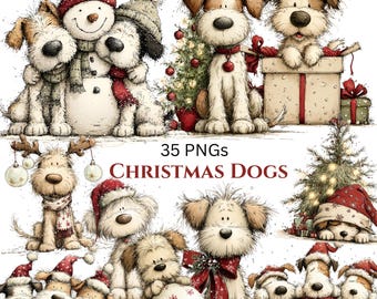 May include: A collection of whimsical illustrations featuring dogs in festive Christmas attire. The dogs are depicted with Santa hats, scarves, and holding ornaments. The text "35 PNGS CHRISTMAS DOGS" is displayed in the center of the image.