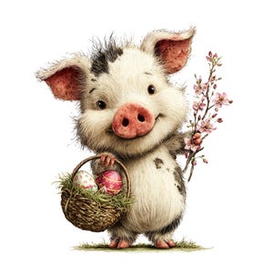 May include: A charming cartoon pig with a white and black coat, holding a woven basket with two decorated Easter eggs and a branch of pink blossoms. The pig is smiling, with a pink snout and ears, set against a white background.