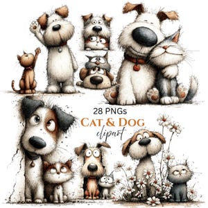 Puede incluir: Una colección de imágenes prediseñadas caprichosas de gatos y perros. Las ilustraciones presentan varios perros y gatos de dibujos animados en diferentes poses, con un estilo suave y texturizado. También se incluye el texto "28 PNGs CAT & DOG clipart".
