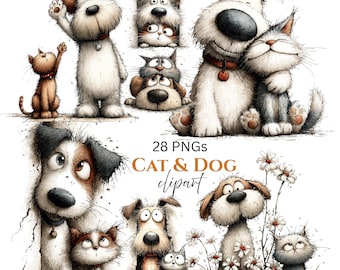 Clipart katten- en hondenvrienden: cartoonafbeeldingen (digitale download: 28 png-bestanden)