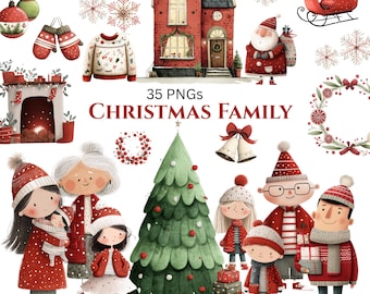 Clipart familiar navideño: Lindos gráficos festivos (Descarga digital - 35 PNG)