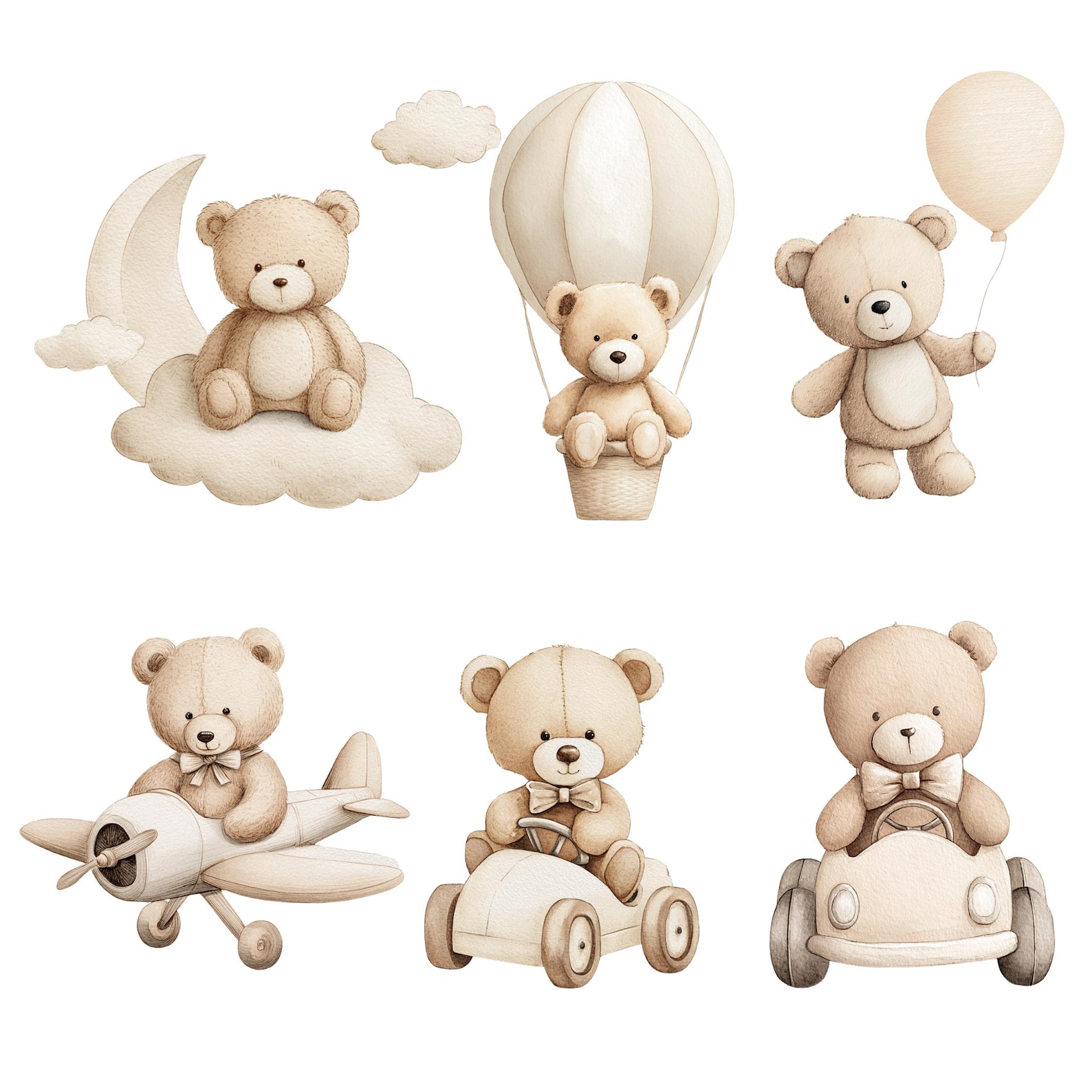 Watercolor Teddy Bear Clipart Bundle: Boho Neutral Nursery PNG Images ...