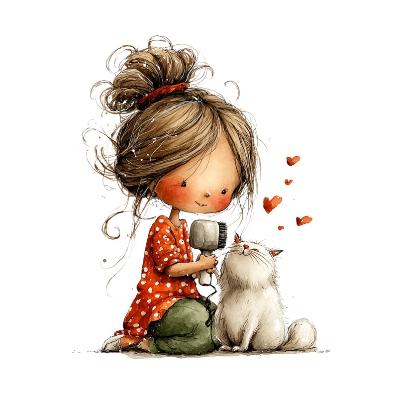 May include: Watercolor illustration of a girl with brown hair in a bun, wearing a red polka dot shirt and green pants, drying a fluffy white cat with a hairdryer. Red hearts float above the cat's head, conveying affection.