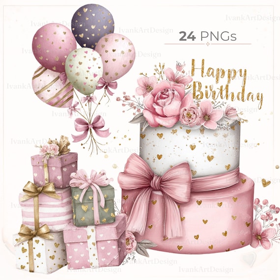 Pink Gold Watercolor Birthday Clipart: Cake, Balloons, Gifts (Digital Download)