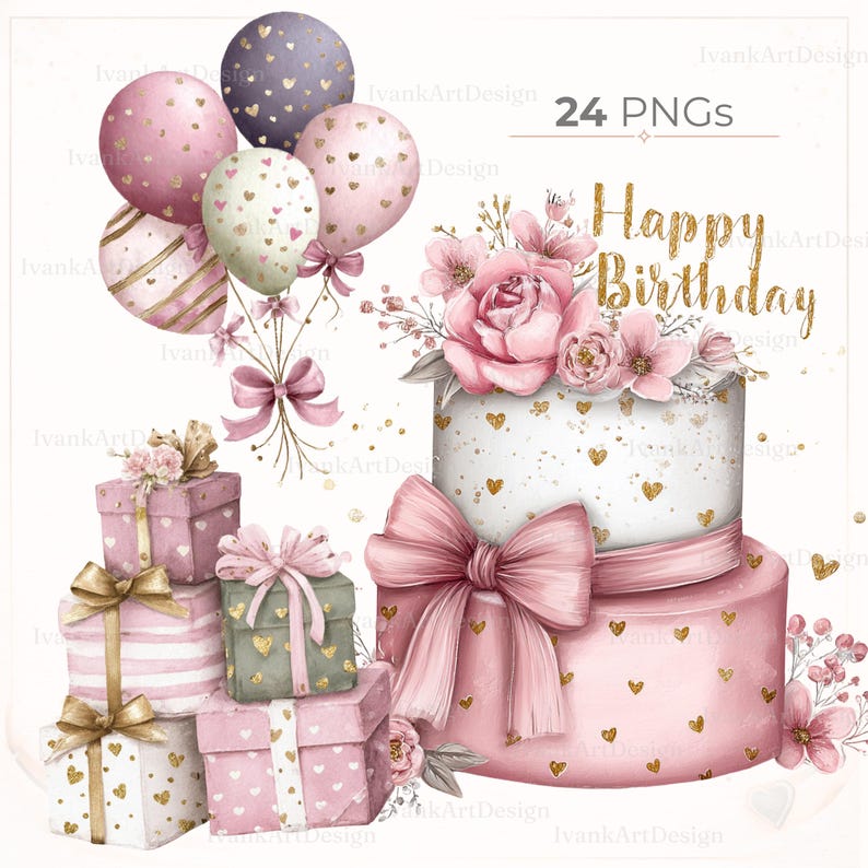 Watercolor Happy Birthday Clipart: Pink Gold Clipart with Cake, Hearts, Balloons and Gift Boxes Graphics (Digital Download - 24 PNGs)