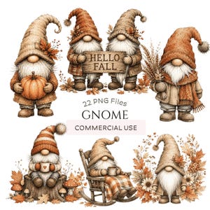 Op de afbeelding: Een verzameling van zes kabouterillustraties met herfstthema's, waaronder kabouters met pompoenen, tarwe, mokken en een schommelstoel. De tekst HELLO FALL, 22 PNG FILES, GNOME en COMMERCIAL USE staat in het midden van de afbeelding.