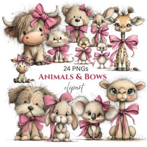 Può includere: Una collezione di 24 immagini clipart PNG di animali, tra cui una mucca, un orso, un gatto, un'anatra, un coniglio, una giraffa, una zebra, un cane, un koala e un cammello, ognuno adornato con un fiocco rosa. Il testo "ANIMALS & BOWS clipart" è presente.