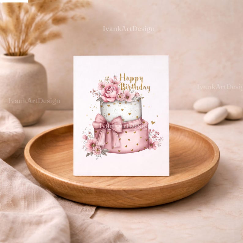 May include: A greeting card featuring a two-tiered cake design with pink and white frosting, adorned with pink flowers, a bow, and gold hearts. The words "Happy Birthday" are written in gold script. The card is displayed on a wooden tray.