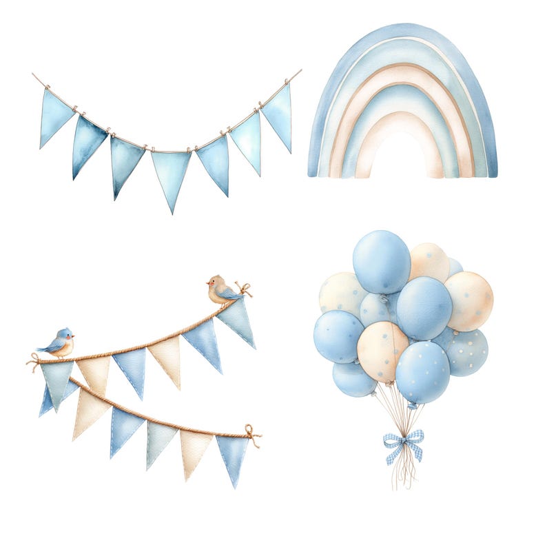 May include: Watercolor illustrations of baby shower decorations. Includes blue pennant banners, a rainbow, and a cluster of balloons in shades of blue and cream. The balloons are tied with a blue ribbon.