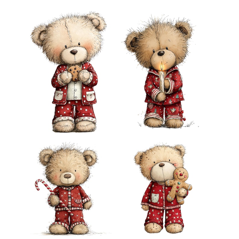 Christmas Bears Clipart: Festive Holiday Graphics (Digital Download - 30 PNGs)

Bring holiday cheer to your projects with this adorable 30 Christmas Bears Clipart collection! Each bear is illustrated in a whimsical festive style, featuring cozy pajamas, Santa hats, scarves, gift boxes, candy canes, ornaments, and more. Perfect for Christmas cards, invitations, gift tags, stickers, mugs, t-shirts, scrapbooking, and digital designs.