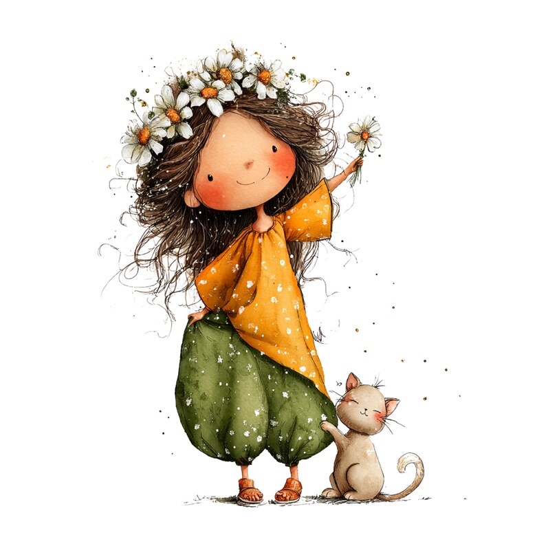 Whimsical Girl and Cat Love Clipart: Nursery Graphics (Digital Download - 24 PNGs)

A charming collection of clipart illustrations featuring a sweet, wide-eyed girl and her cute cat friend. Each illustration is designed with gentle lines, soft shading, and a dreamy, enchanted feel—perfect for children’s décor, invitations, stickers, scrapbooking, and nursery art.