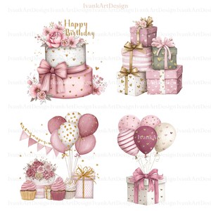 Watercolor Happy Birthday Clipart: Pink Gold Clipart with Cake, Hearts, Balloons and Gift Boxes Graphics (Digital Download - 24 PNGs)