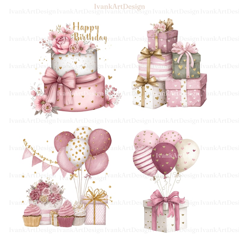Watercolor Happy Birthday Clipart: Pink Gold Clipart with Cake, Hearts, Balloons and Gift Boxes Graphics (Digital Download - 24 PNGs)