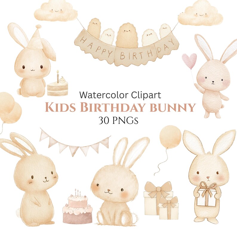 Watercolor Bunny Birthday Clipart Set: Party Decorations (digital ...