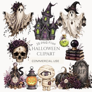 Gothic Halloween Clipart Bundle: Watercolor Cute Ghosts, Witch Potion, Skull, Pumpkin, Mummy, Commercial Use (Digital Download - 25 PNGs)