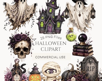 Gothic Halloween Clipart Bundle: Watercolor Cute Ghosts, Witch Potion, Skull, Pumpkin, Mummy, Commercial Use (Digital Download - 25 PNGs)