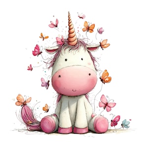 May include: A charming illustration of a seated unicorn with a pink muzzle, hooves, and mane. A golden horn and pink flowers decorate its head. Colourful butterflies flutter around the unicorn, creating a cheerful and magical scene.