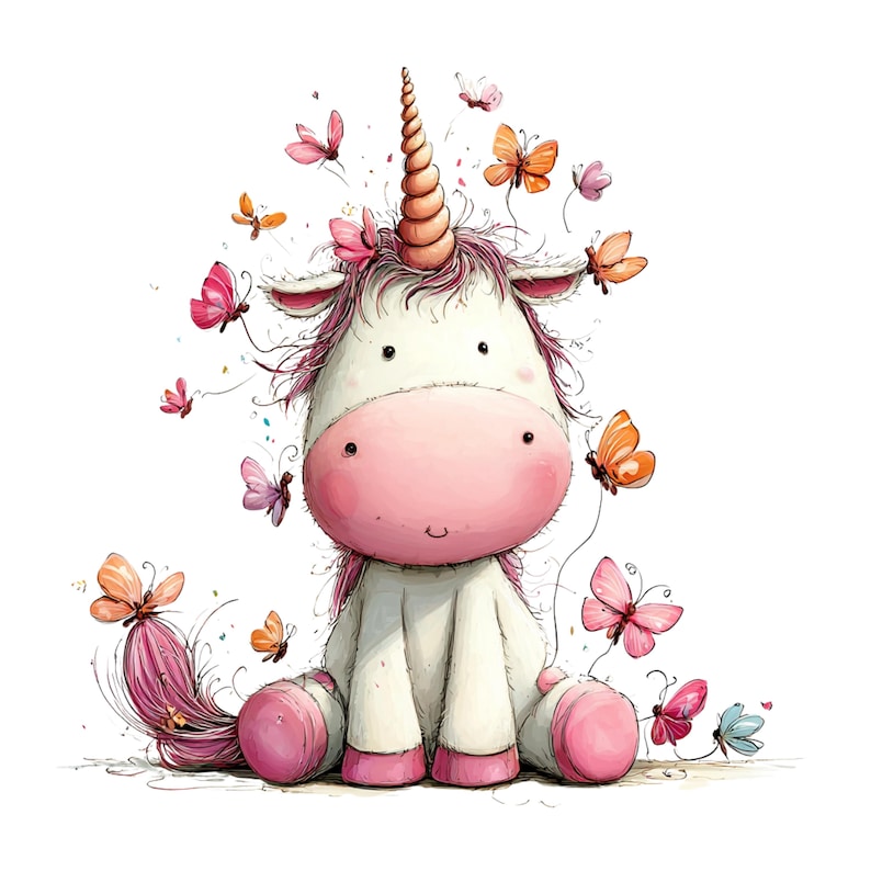 May include: A charming illustration of a seated unicorn with a pink muzzle, hooves, and mane. A golden horn and pink flowers decorate its head. Colourful butterflies flutter around the unicorn, creating a cheerful and magical scene.