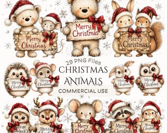 クリスマス動物リボンクリップアートバンドル：水彩画風の森の動物、クマ、ネズミ、ウサギ、メリークリスマスサイン（デジタルダウンロード - PNGファイル29点）