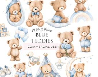 Blue Teddy Bear Baby Shower Clipart Bundle: Watercolor Baby Boy Nursey Graphics