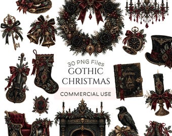 Gothic Christmas Clipart Bundle: Dark Victorian Holiday Elements, Black Burgundy Gold Christmas (Digital Download - 30 PNGs)