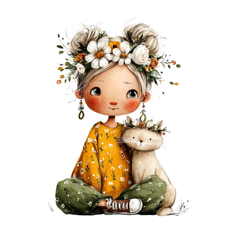Whimsical Girl and Cat Love Clipart: Nursery Graphics (Digital Download - 24 PNGs)

A charming collection of clipart illustrations featuring a sweet, wide-eyed girl and her cute cat friend. Each illustration is designed with gentle lines, soft shading, and a dreamy, enchanted feel—perfect for children’s décor, invitations, stickers, scrapbooking, and nursery art.
