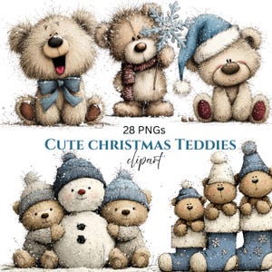 May include: A collection of adorable teddy bear clipart with a Christmas theme. The bears are depicted in various poses, wearing winter hats, scarves, and holding snowflakes. The text "Cute Christmas Teddies clipart" is displayed below the images.