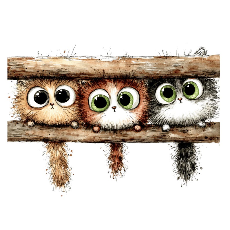 Puede incluir: Ilustraci&oacute;n en acuarela de tres gatitos esponjosos asom&aacute;ndose por encima de una valla de madera. Los gatitos tienen grandes ojos expresivos en negro, verde y blanco, con colores de pelaje a juego. Sus colas cuelgan, sobre un fondo blanco.