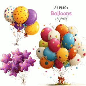 Op de afbeelding: Een verzameling kleurrijke ballon clipart in verschillende vormen en ontwerpen. De afbeelding toont clusters van ronde ballonnen met stippen en effen kleuren, stervormige ballonnen en de tekst "21 PNGs Balloons clipart."