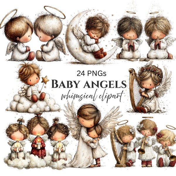Imágenes prediseñadas de angelitos caprichosos: Gráficos angelicales (Descarga digital - 24 PNG)
