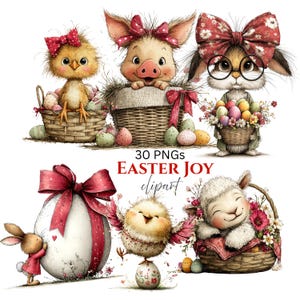 Puede incluir: Ilustración digital con personajes de Pascua. Un pollito, un cerdo y un conejo están en cestas con huevos. Un conejo está al lado de un huevo grande con un lazo rojo. También está presente el texto "30 PNGs EASTER JOY clipart".