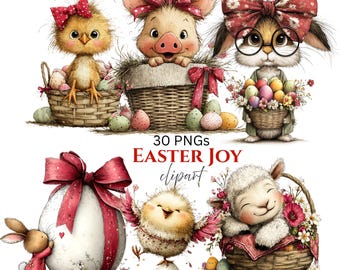 Whimsical Easter Clipart: Spring Lamb Bunny Chicken Graphics (Digital Download - 30 PNGs)