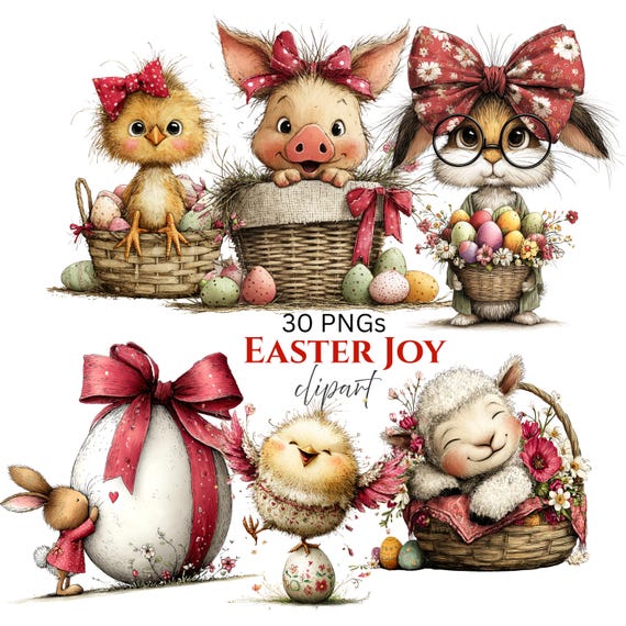 Whimsical Easter Clipart: Spring Lamb Bunny Chicken Graphics (Digital Download - 30 PNGs)