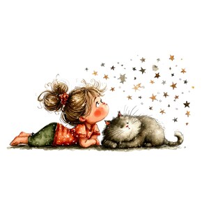 Whimsical Girl and Cat Love Clipart: Nursery Graphics (Digital Download - 24 PNGs)

A charming collection of clipart illustrations featuring a sweet, wide-eyed girl and her cute cat friend. Each illustration is designed with gentle lines, soft shading, and a dreamy, enchanted feel—perfect for children’s décor, invitations, stickers, scrapbooking, and nursery art.