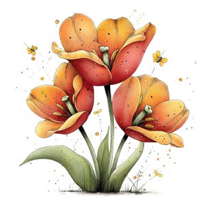 Spring Tulip Flowers Clipart: Whimsical Floral Graphics (Digital Download - 24 PNGs)

A whimsical tulip flowers clipart illustration bursting with playful elegance and fairy-tale charm. The tulips stand tall with gently swaying stems, their rounded petals curling and overlapping in exaggerated, storybook shapes