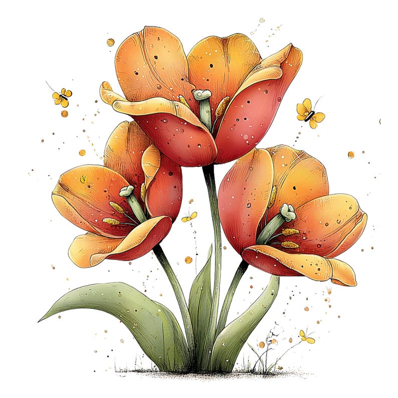 Spring Tulip Flowers Clipart: Whimsical Floral Graphics (Digital Download - 24 PNGs)

A whimsical tulip flowers clipart illustration bursting with playful elegance and fairy-tale charm. The tulips stand tall with gently swaying stems, their rounded petals curling and overlapping in exaggerated, storybook shapes