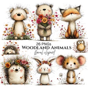 Può includere: Illustrazioni di animali del bosco. L'immagine presenta un orso con fiori, una volpe, un riccio, un coniglio, un topo e un gufo. Il testo recita "26 PNGs WOODLAND ANIMALS floral clipart."