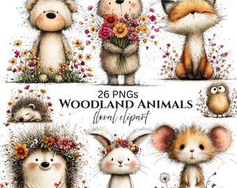 Imágenes prediseñadas de animales del bosque con motivos florales: Gráficos para guardería (Descarga digital - 26 PNG)