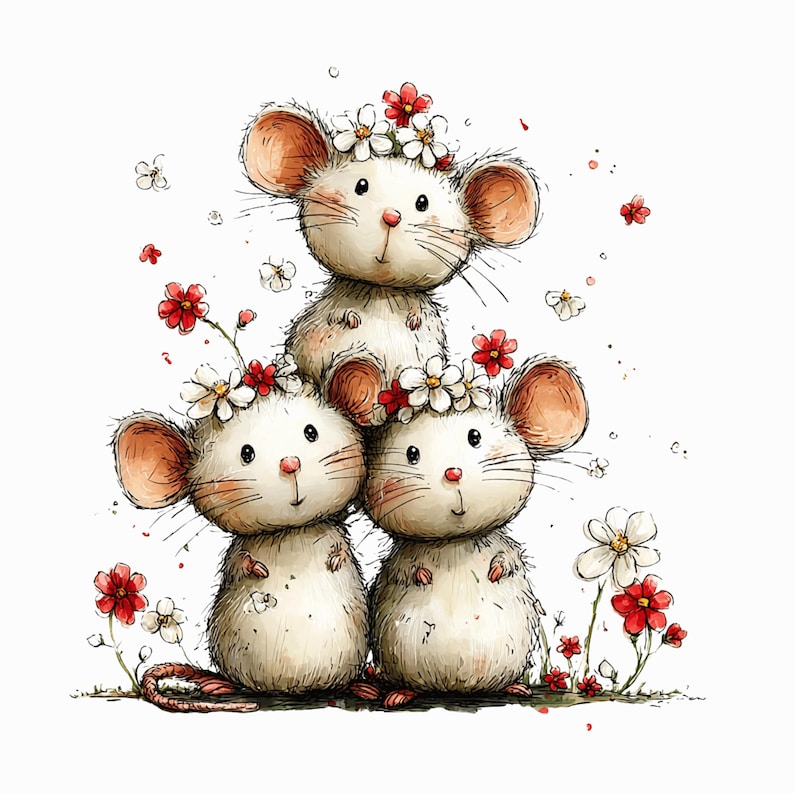 Cute Mouse Spring Clipart Bundle: Whimsical Floral PNG Illustrations ...