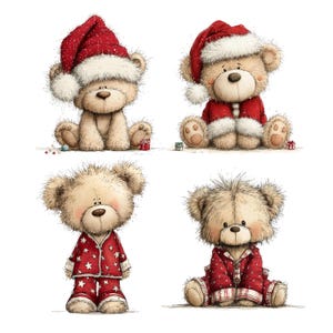 Christmas Bears Clipart: Festive Holiday Graphics (Digital Download - 30 PNGs)

Bring holiday cheer to your projects with this adorable 30 Christmas Bears Clipart collection! Each bear is illustrated in a whimsical festive style, featuring cozy pajamas, Santa hats, scarves, gift boxes, candy canes, ornaments, and more. Perfect for Christmas cards, invitations, gift tags, stickers, mugs, t-shirts, scrapbooking, and digital designs.
