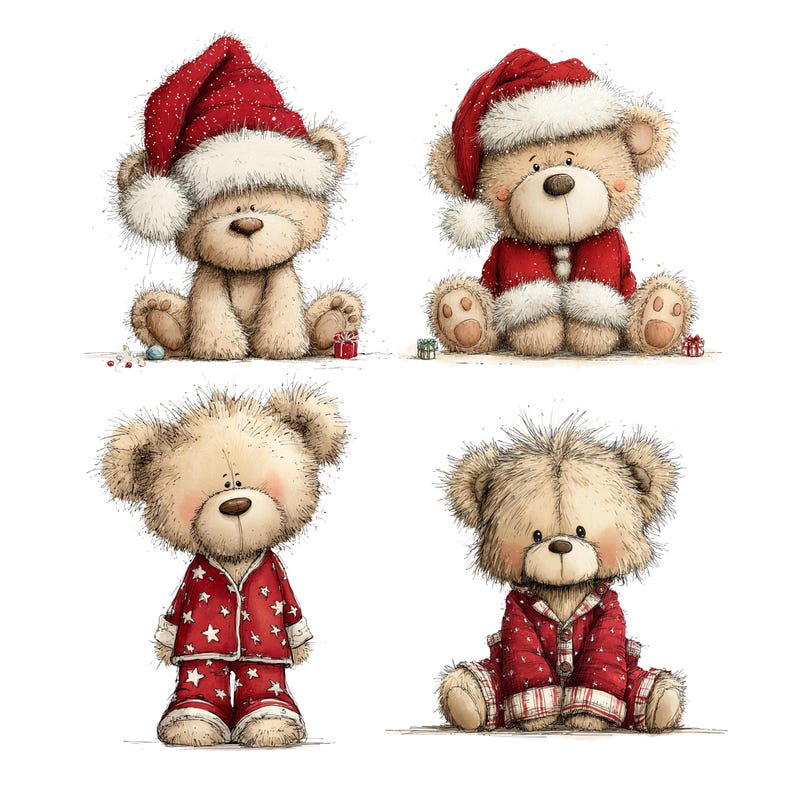 Christmas Bears Clipart: Festive Holiday Graphics (Digital Download - 30 PNGs)

Bring holiday cheer to your projects with this adorable 30 Christmas Bears Clipart collection! Each bear is illustrated in a whimsical festive style, featuring cozy pajamas, Santa hats, scarves, gift boxes, candy canes, ornaments, and more. Perfect for Christmas cards, invitations, gift tags, stickers, mugs, t-shirts, scrapbooking, and digital designs.