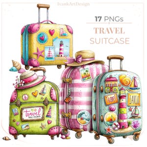 May include: Watercolor illustration of four travel suitcases with nautical and beach-themed decorations. The suitcases are yellow, green, pink, and blue, adorned with images of lighthouses, sailboats, and seashells. The text "TRAVEL SUITCASE" is visible.