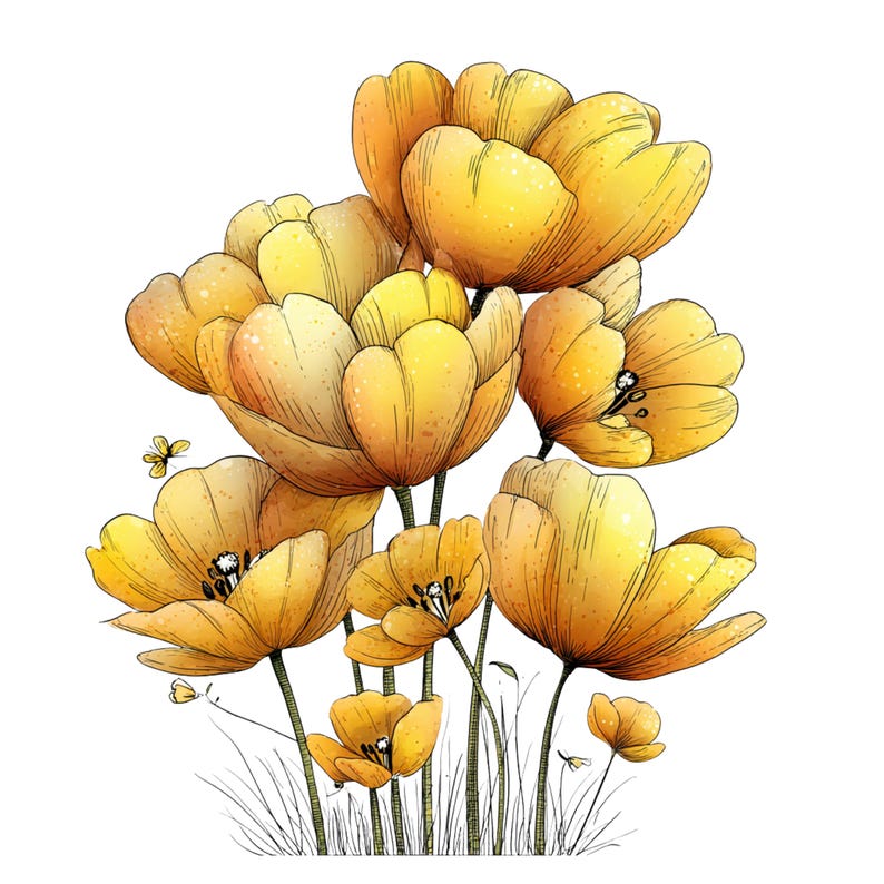 Spring Tulip Flowers Clipart: Whimsical Floral Graphics (Digital Download - 24 PNGs)

A whimsical tulip flowers clipart illustration bursting with playful elegance and fairy-tale charm. The tulips stand tall with gently swaying stems, their rounded petals curling and overlapping in exaggerated, storybook shapes