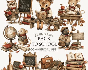 Back to School Clipart Bundle: Woodland Animal PNGs, Vintage Forest School Graphics, Autumn Classroom Clipart (Digital Download - 34 PNGs)