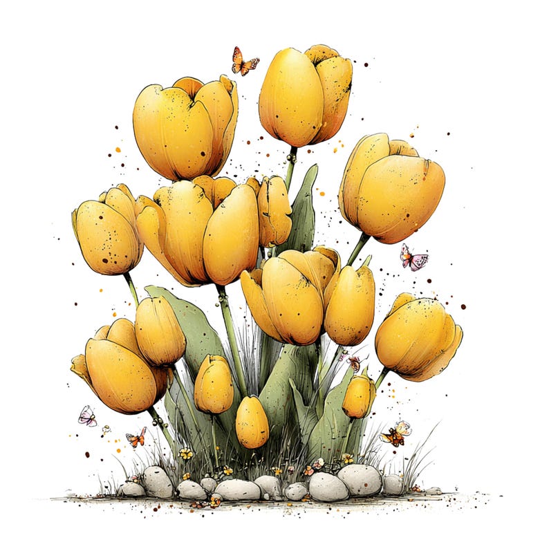 Spring Tulip Flowers Clipart: Whimsical Floral Graphics (Digital Download - 24 PNGs)

A whimsical tulip flowers clipart illustration bursting with playful elegance and fairy-tale charm. The tulips stand tall with gently swaying stems, their rounded petals curling and overlapping in exaggerated, storybook shapes