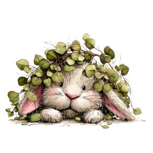 May include: A watercolor illustration of a fluffy white bunny with pink-lined ears and a pink nose. The bunny is partially obscured by a garland of green eucalyptus leaves and branches, creating a whimsical, nature-inspired design.